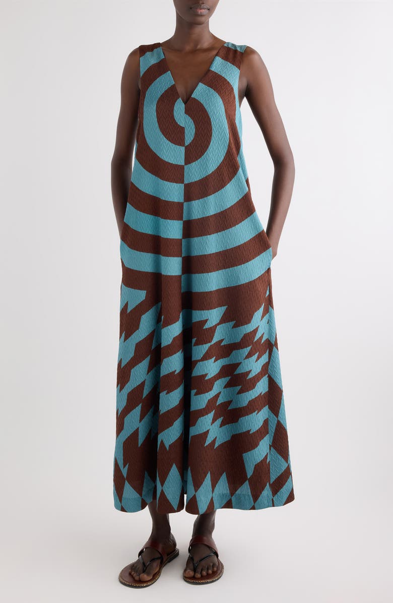 Dries Van Noten Dea Graphic Print Stretch Silk Trapeze Dress, Main, color, Raf