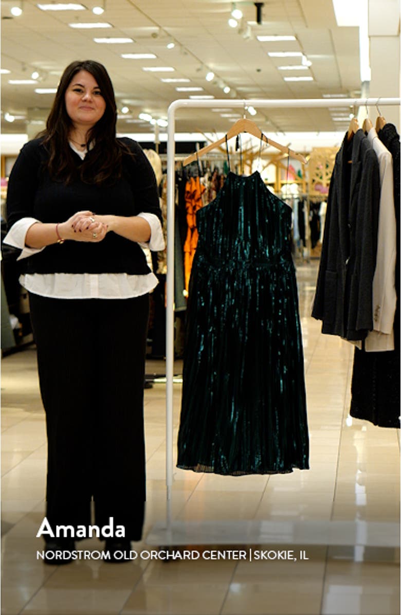 Hannah Pleated Metallic Halter Dress, sales video thumbnail