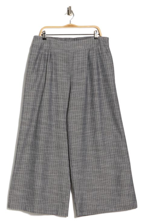 Stripe Cotton & Linen Wide Leg Pants (Plus)