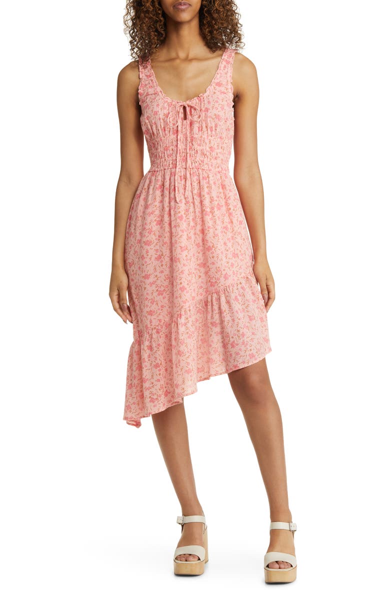 BP. Floral Print Smocked Ruffle Midi Dress, Main, color,