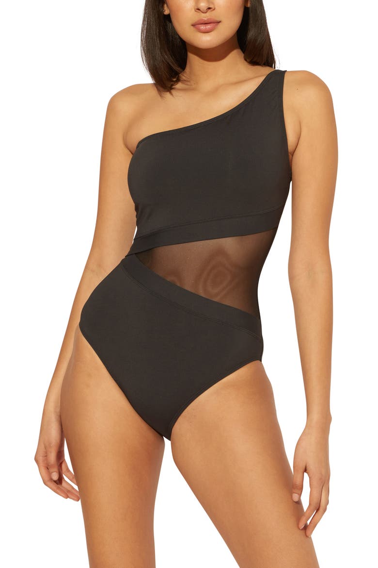 Don't Mesh with Me One-Shoulder One-Piece Swimsuit, Main, color, BLACK