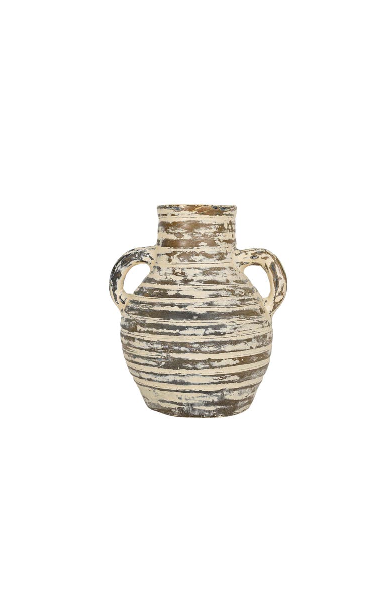 7.5" x 6.5" x 8.75" Gideon Sculptural Cream Terracotta Ribbed Vase, Main, color, Brown