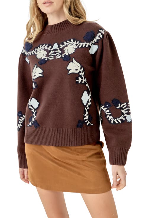 Floral Embroidered Mock Neck Sweater