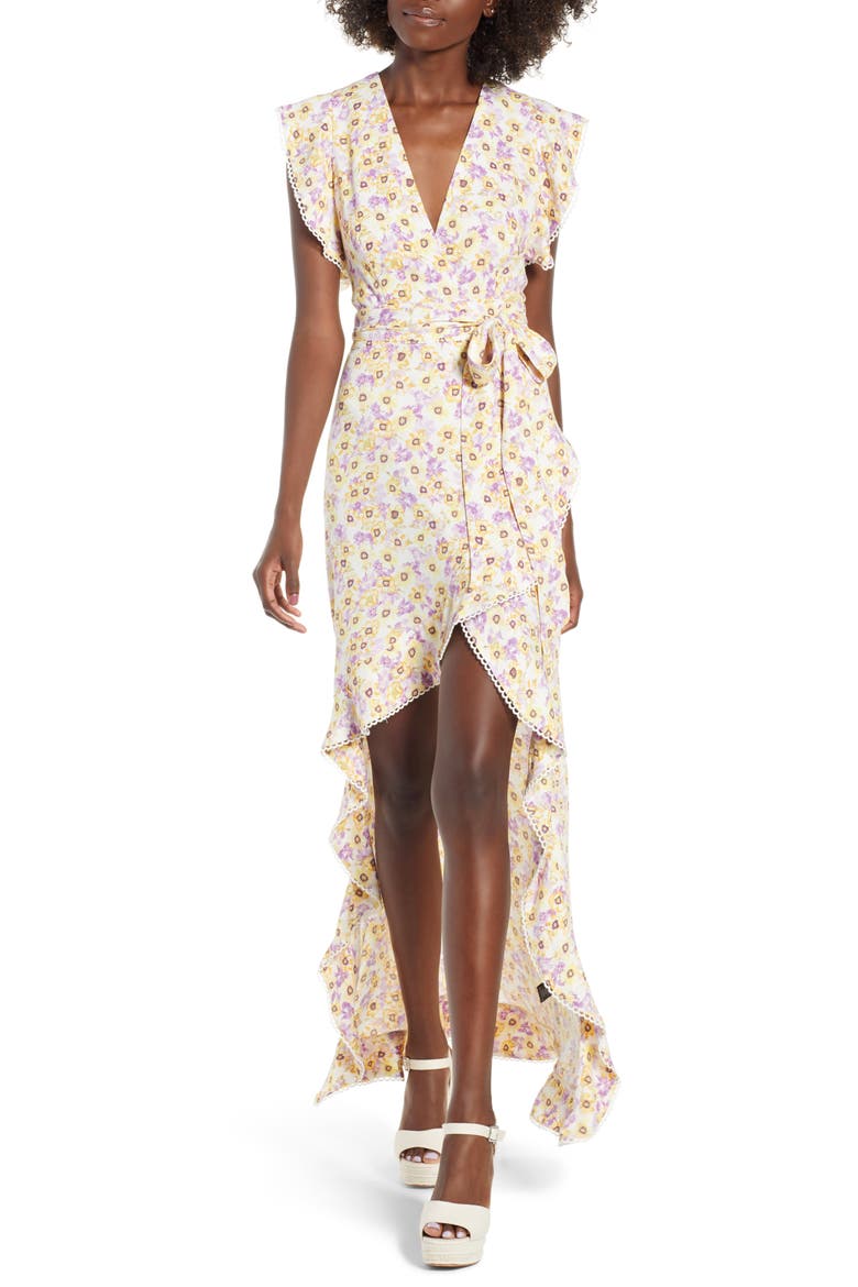 Andrea Ruffle Wrap Dress, Main, color, YELLOW GARDEN
