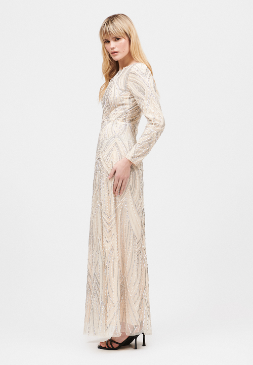 Maryisa Modest Embellished Sequin Beaded Maxi Dress