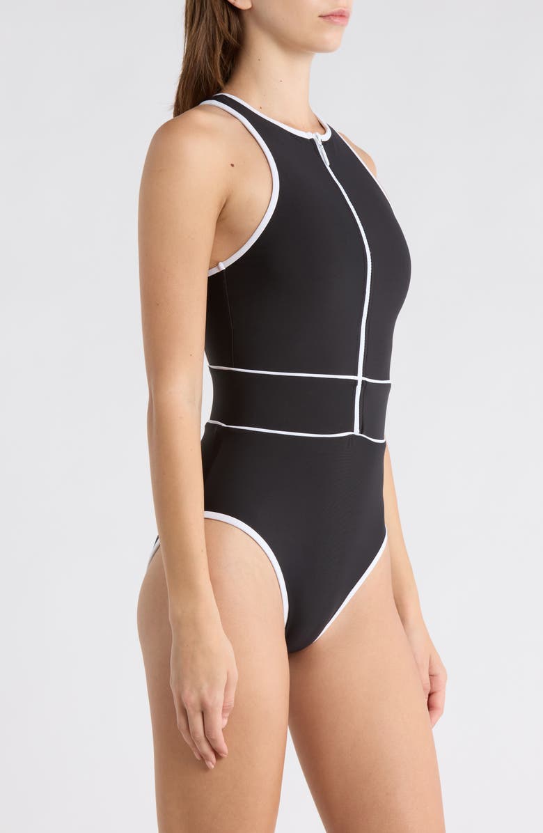 Becca Bali Boho Contrast Binding One-Piece Swimsuit, Alternate, color, Black