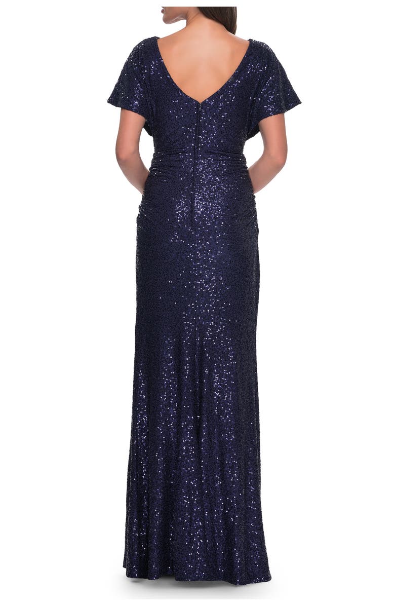 La Femme Sequin Stretch Evening Dress with High Neckline and Dolman Sleeves, Alternate, color, Navy
