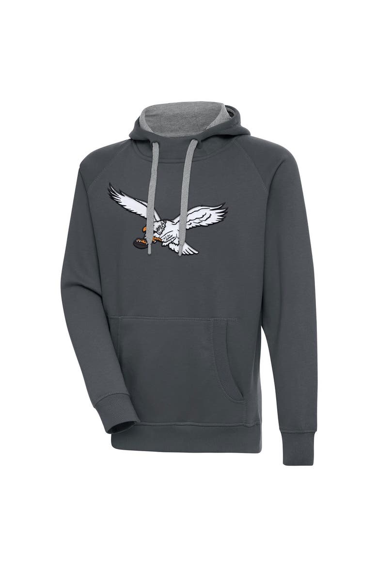 Men's Antigua Charcoal Philadelphia Eagles Throwback Logo Victory Pullover Sweatshirt, Main, color, Charcoal