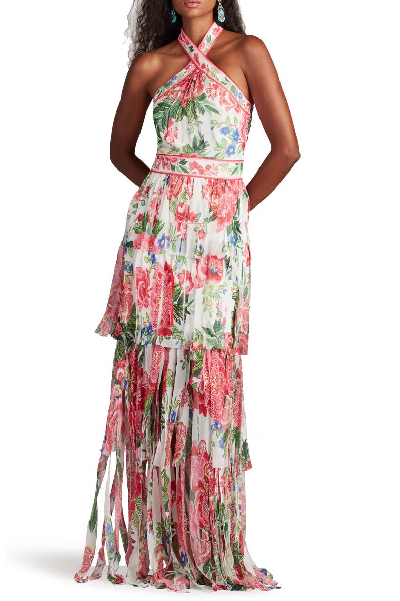 Floral Print Twist Tiered Halter Gown, Alternate, color, WHITE/ FUCHSIA FLORAL