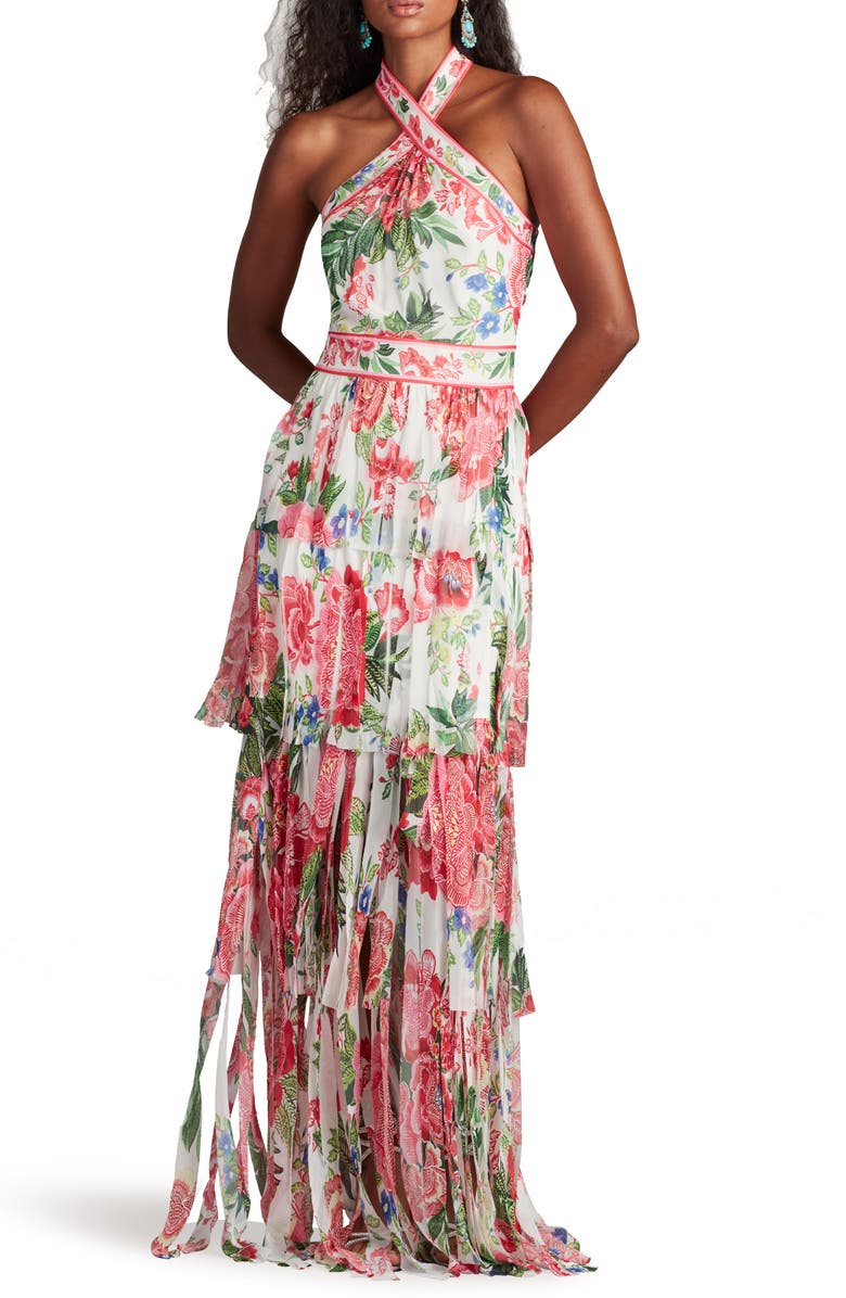 Tadashi Shoji Floral Print Twist Tiered Halter Gown, Alternate, color, White/ Fuchsia Floral