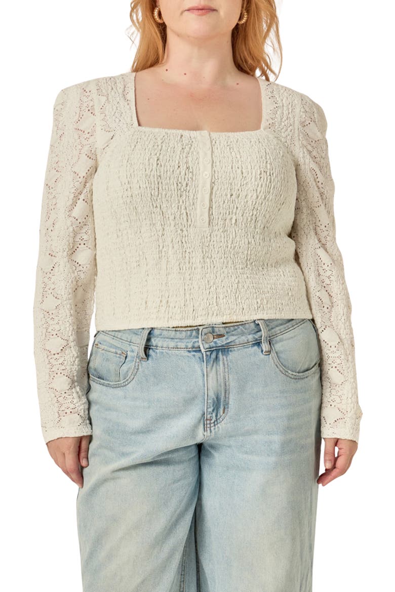 Lace Smocked Long Sleeve Top, Main, color, WHITE