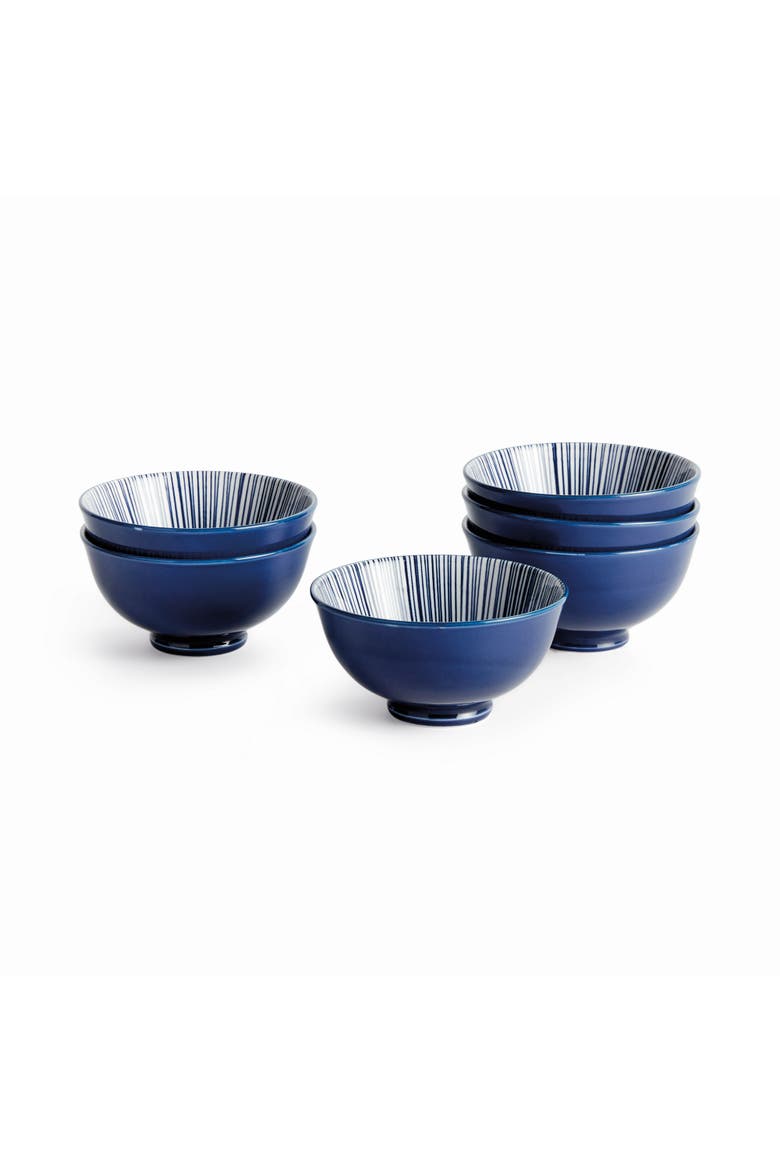 Stria 4.75" Bowls, Set of 6 - Dark Blue/White Ceramic, Main, color, Blue