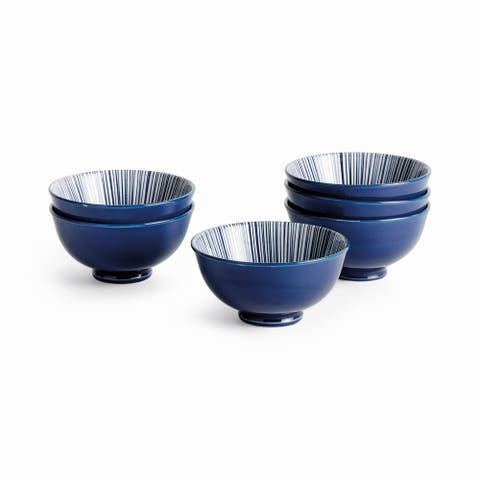 Stria 4.75" Bowls, Set of 6 - Dark Blue/White Ceramic