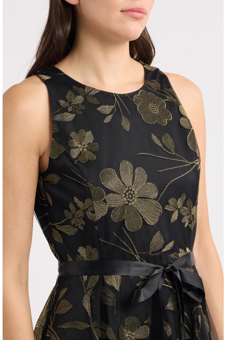 Belted Metallic Floral Embroidered Fit & Flare Midi Dress, Alternate, color, BLACK GOLD