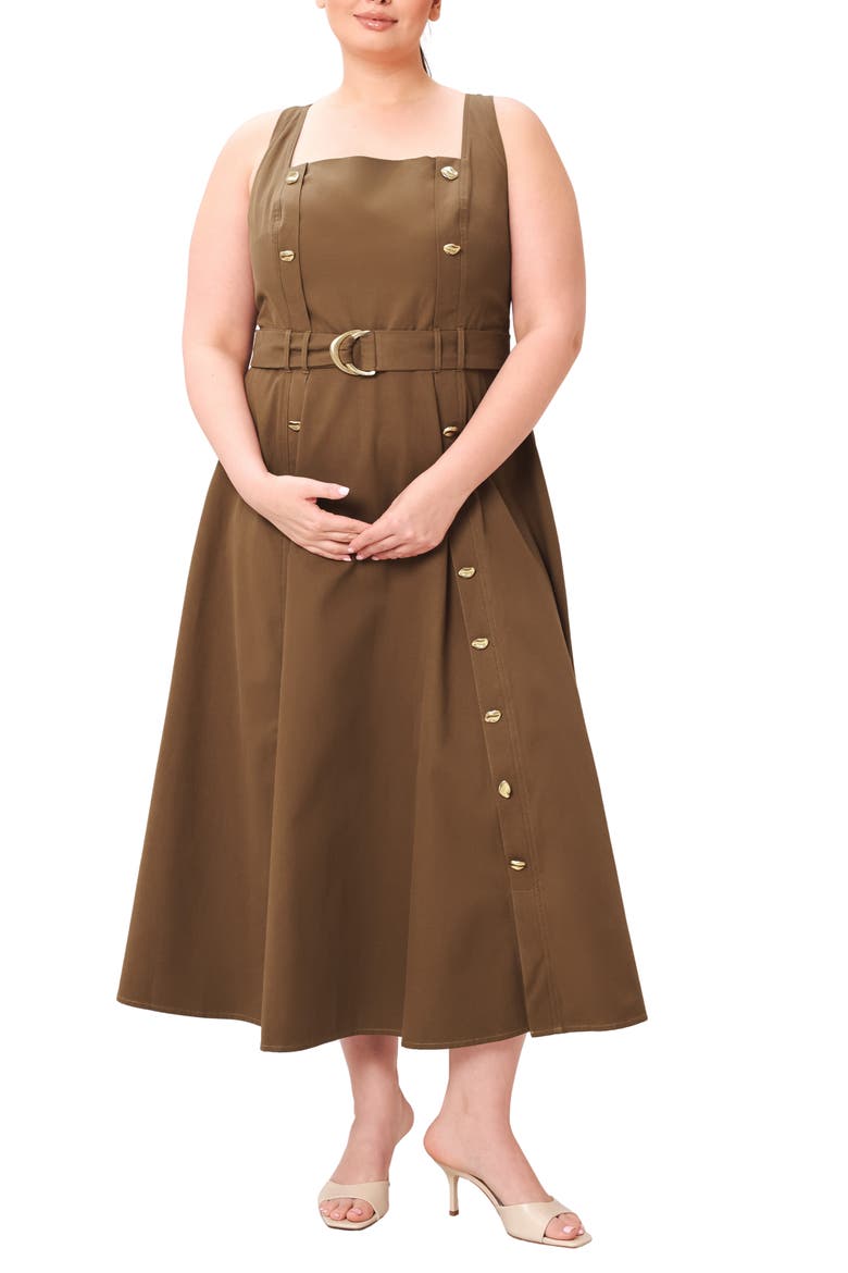 Square Neck Cotton Midi Dress with Belt, Alternate, color, BROWN