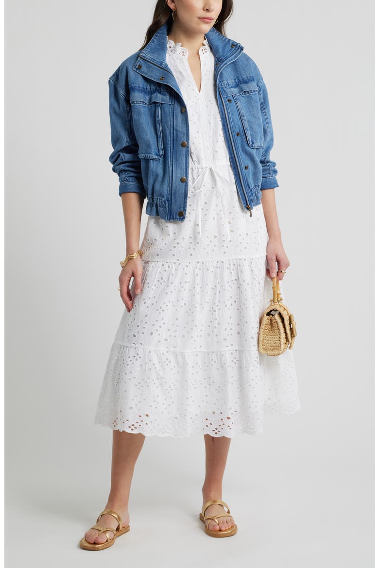 Ruffle Flutter Sleeve Cotton Broderie Anglaise Midi Dress, Alternate, color, WHITE