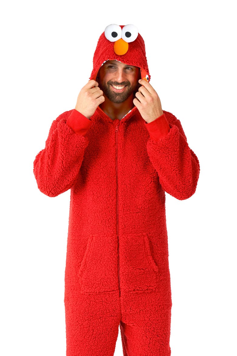 Sesame Street® Hooded Long Sleeve Fleece Jumpsuit, Alternate, color, RED
