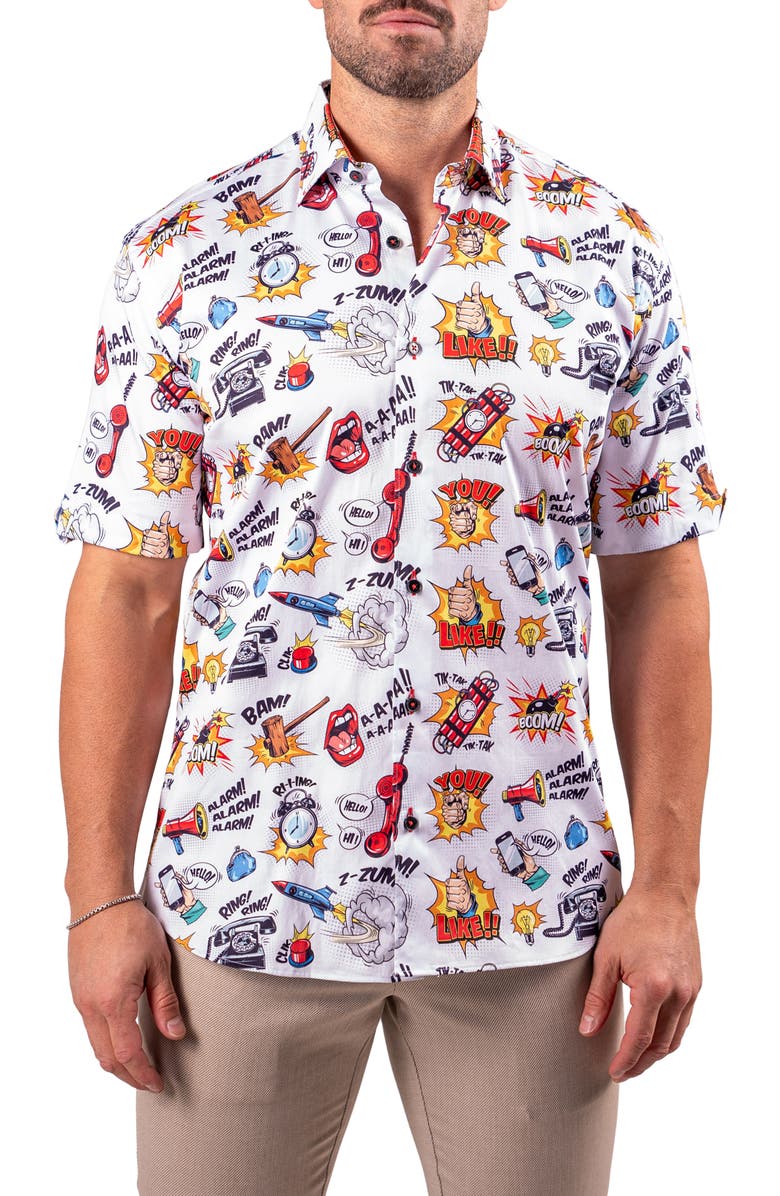 Maceoo Galileo Resistance0351 White Cartoon Print Short Sleeve Button-Up Shirt, Main, color, 
