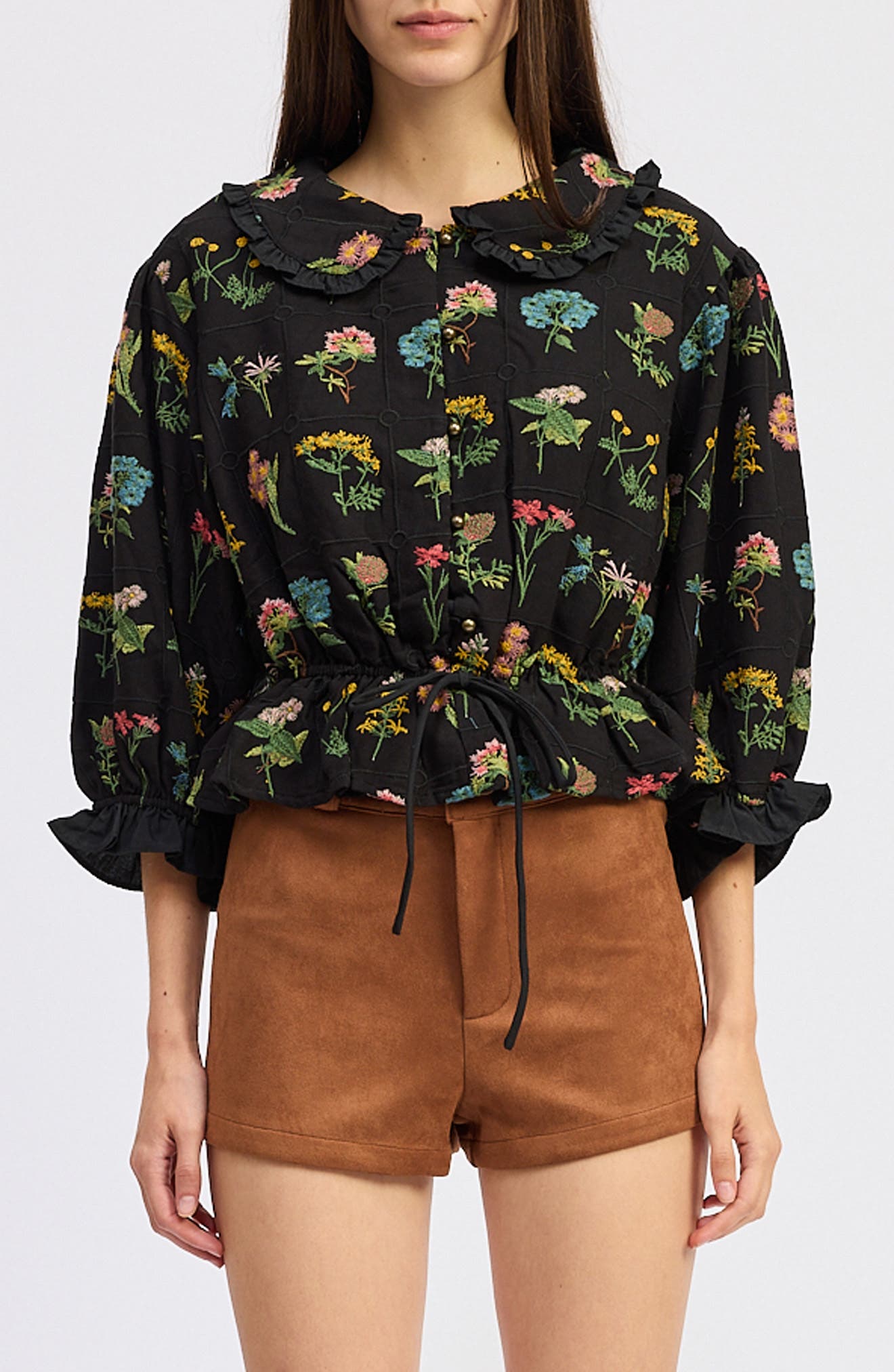 JACQUIE THE LABEL Lia Embroidered Ruffle Peplum Button-Up Shirt in Black Multi 