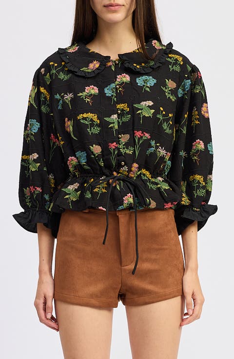 Lia Embroidered Ruffle Peplum Button-Up Shirt