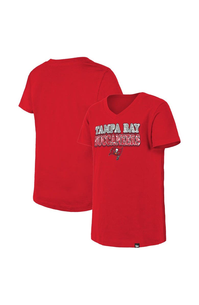 New Era Girls Youth New Era Red Tampa Bay Buccaneers Reverse Sequin V-Neck T-Shirt, Main, color, 