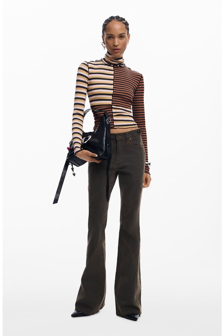 Colorblock Stripe Rib Turtleneck Top, Alternate, color, BROWN