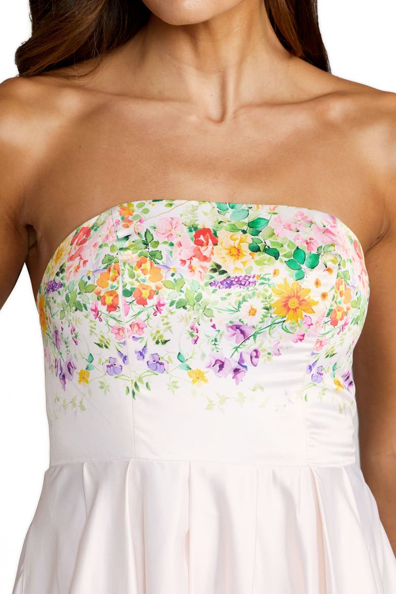 Floral Print Strapless Satin A Line Gown With Pockets, Alternate, color, Ivory Multi
