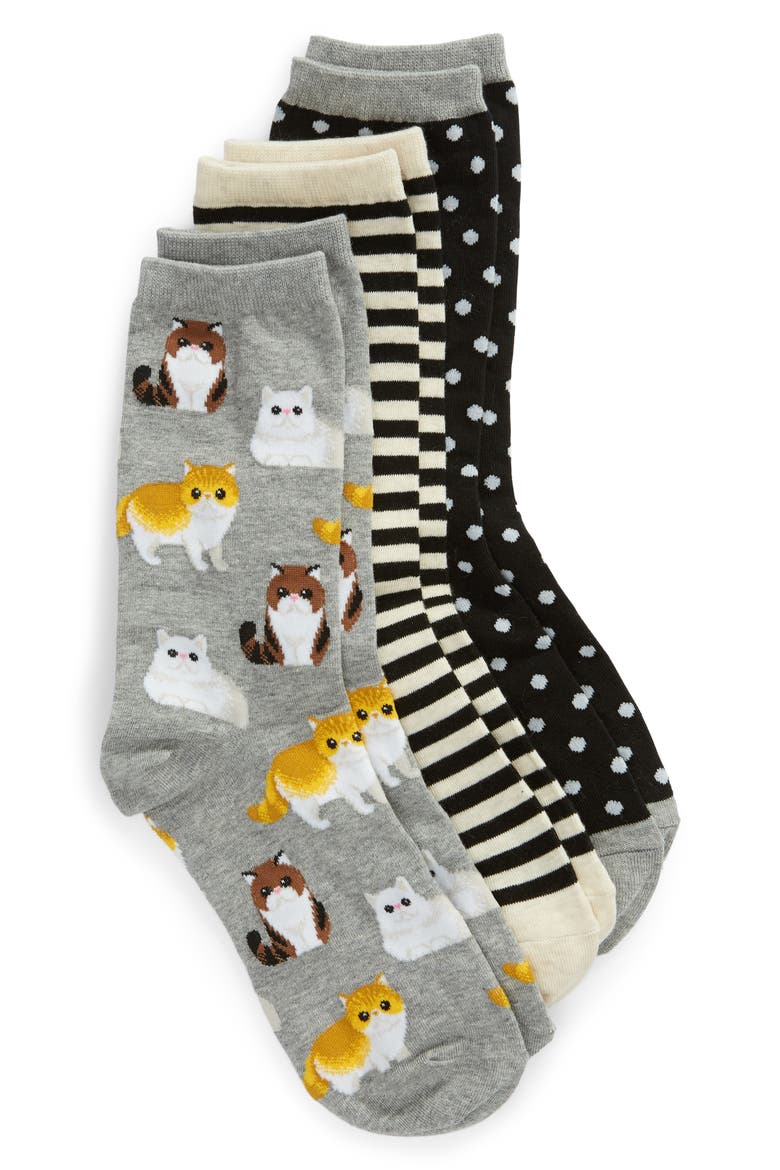 3-Pack Cat Socks, Main, color, BLACK