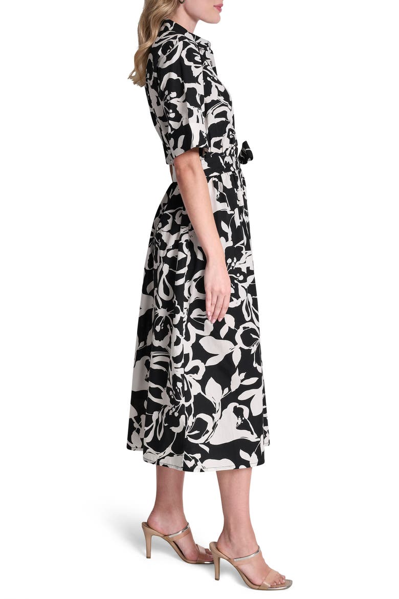 Floral Elbow Sleeve Cotton Midi Shirtdress, Alternate, color, BLACK/ IVORY