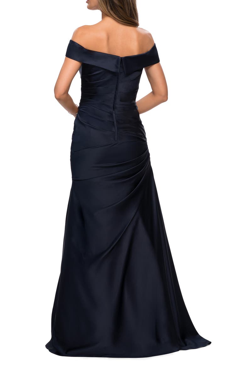 Off the Shoulder Satin Evening Dress with Pleating, Alternate, color, Navy