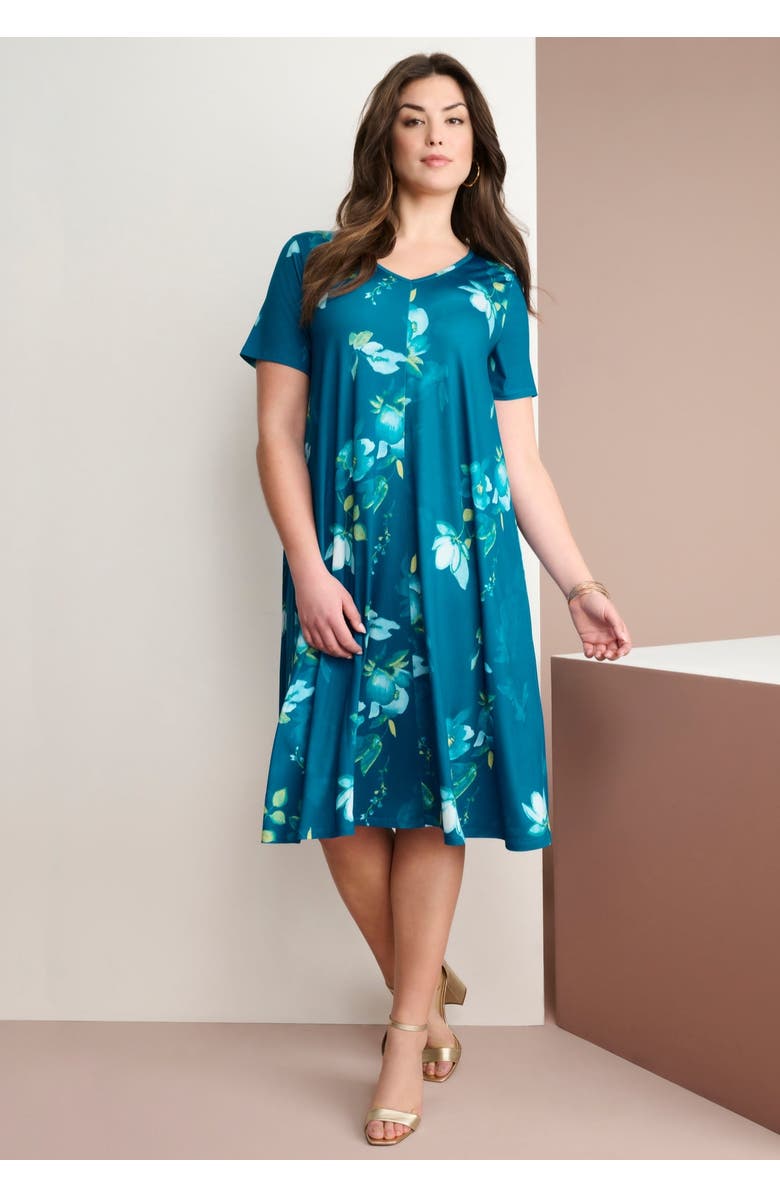 Roaman's Petite Plus Size Short Sleeve Sleeve Swing Dress, Alternate, color, Black