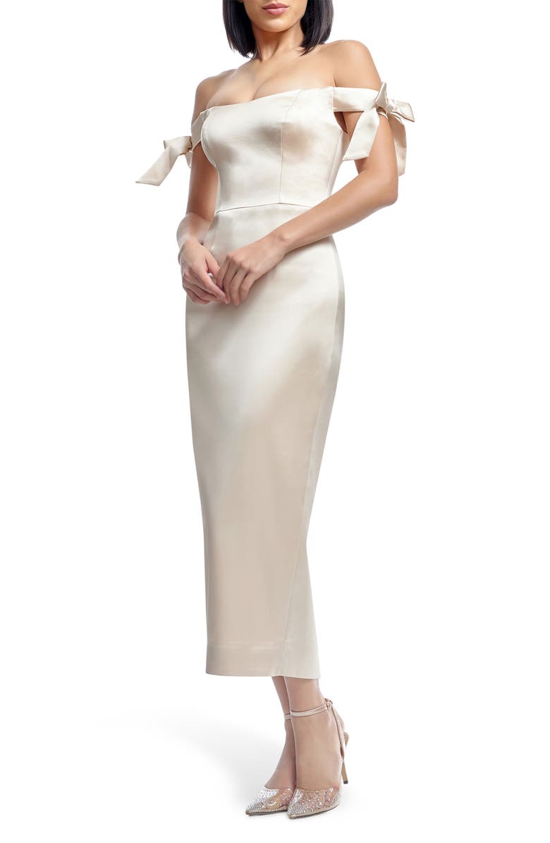 Dress the Population Verona Off the Shoulder Satin Midi Cocktail Dress, Alternate, color, Champagne