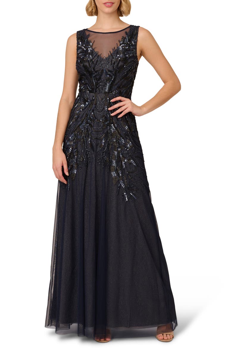 Adrianna Papell Beaded Metallic Sleeveless Mesh Gown, Main, color, 