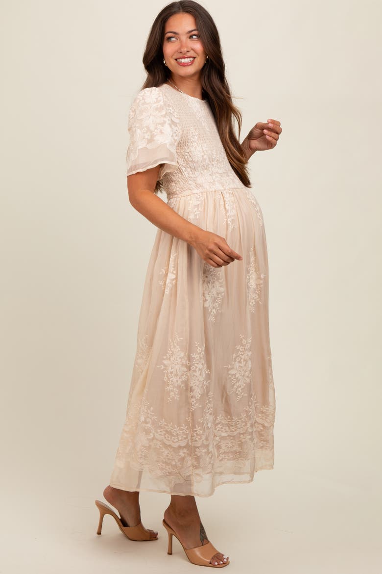 Embroidered Smocked Midi Dress, Alternate, color, Cream