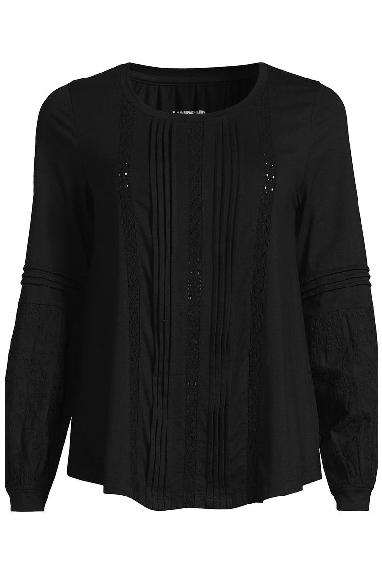 Lightweight Jersey Lace Mix Long Sleeve Pintuck Top, Alternate, color, Black