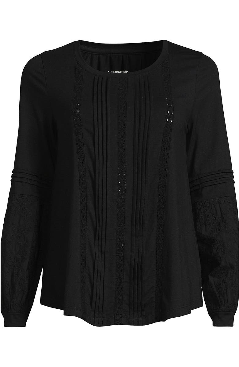 Lands' End Lightweight Jersey Lace Mix Long Sleeve Pintuck Top, Alternate, color, Black