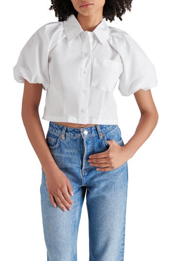 Steve Madden Reece Puff Sleeve Crop Poplin Shirt In White
