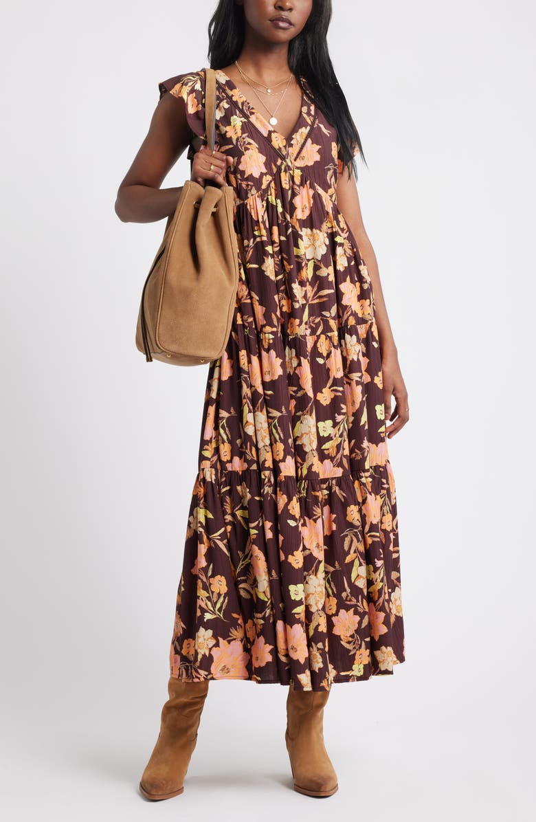 Treasure & Bond Crinkle Finish Flutter Sleeve Maxi Dress, Alternate, color, Burg- Pink Jordan Floral