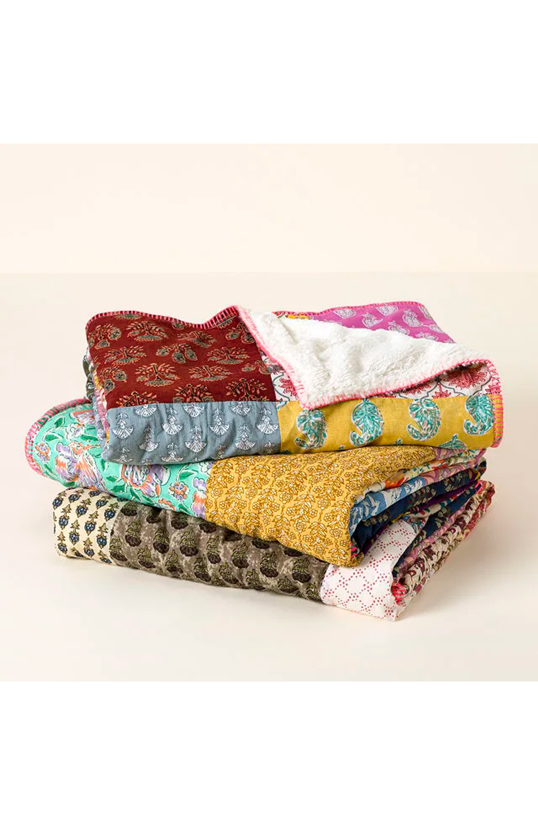 Uncommon Goods Repurposed Sari Plush Backed Blanket, Main, color, Multi-Colored Patchwork