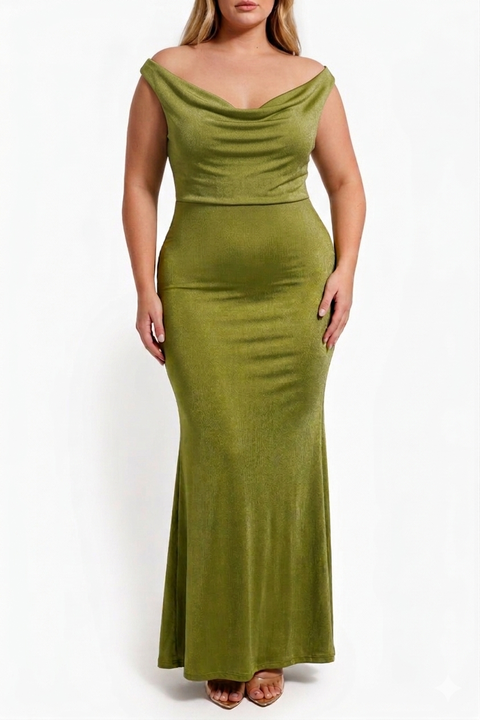 Shimmering Cowl Neck Built-in Shapewear Evening Maxi Dress