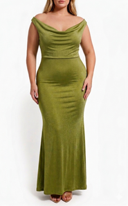 Popilush Shimmering Cowl Neck Built-in Shapewear Evening Maxi Dress