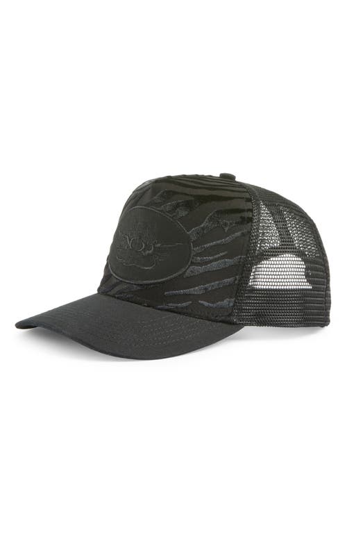 BOYS LIE Logo Patch Flames Burnout Trucker Hat in Black 