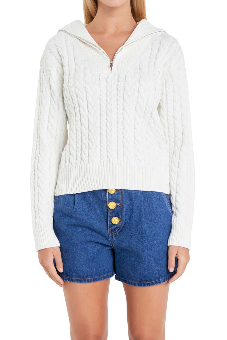 Quarter Zip Cable Knit Cotton Sweater, Alternate, color, IVORY