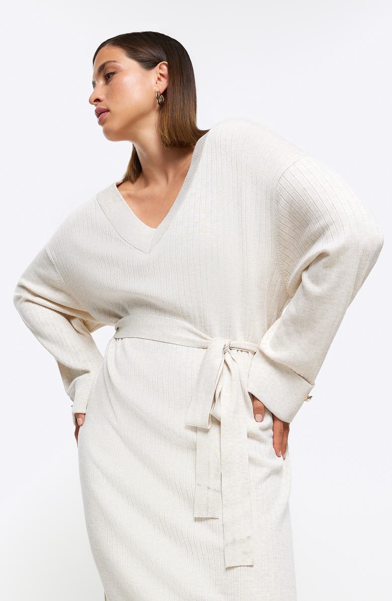River Island Tie Waist Long Sleeve Rib Midi Sweater Dress, Alternate, color, 