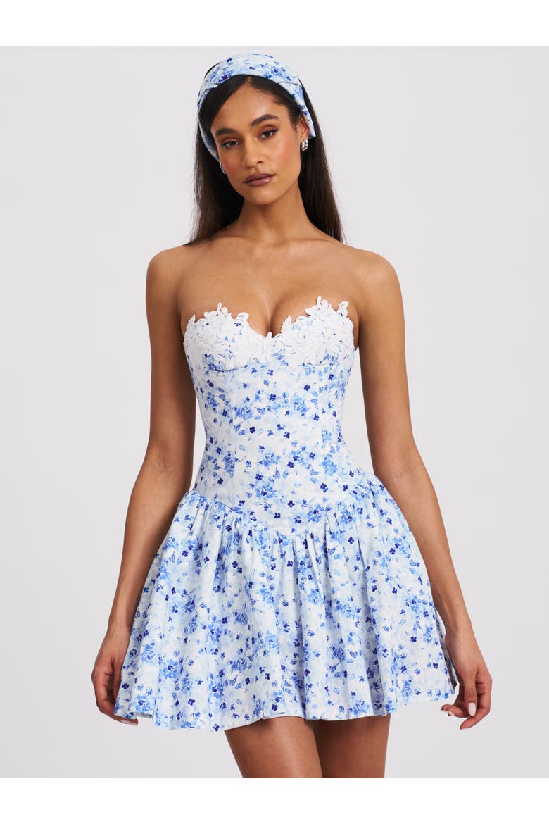 Taleah Floral Print Linen Mini Dress with Lace Trim, Main, color, Blue Floral Print