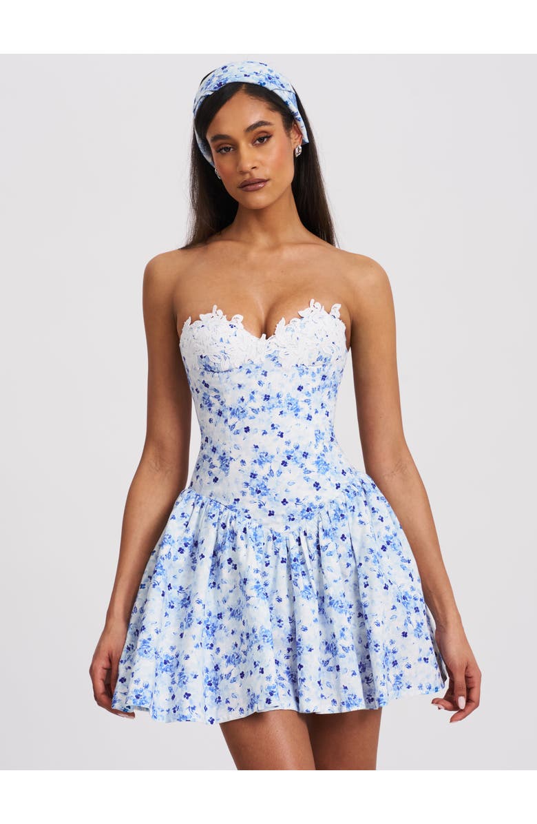 Miss Circle Taleah Floral Print Linen Mini Dress with Lace Trim, Main, color, Blue Floral Print