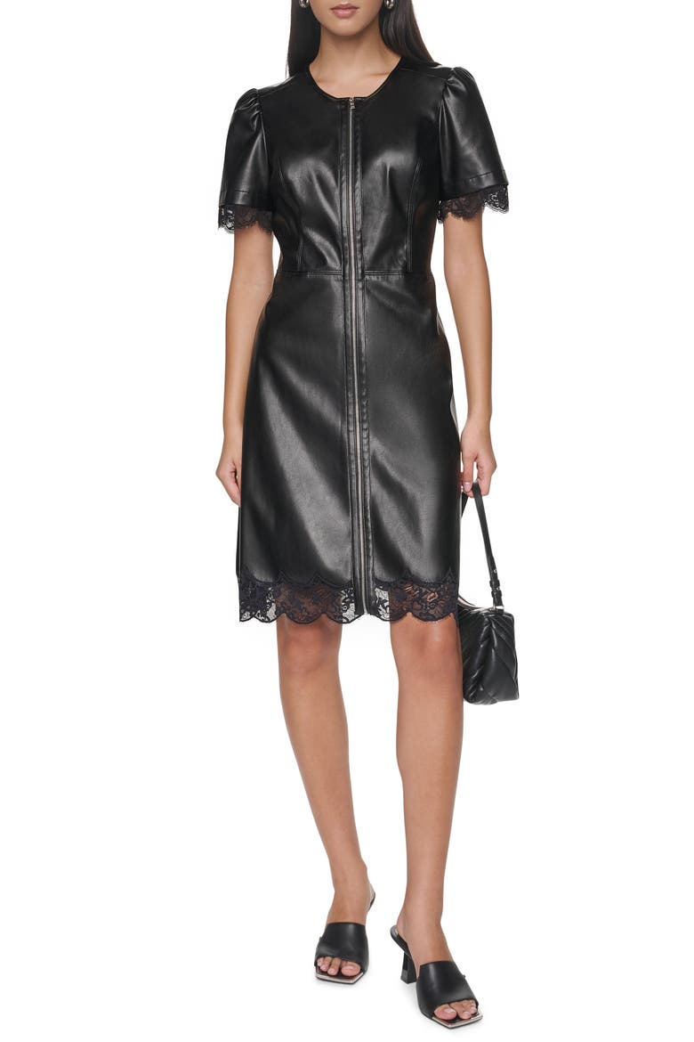 Lace Trim Faux Leather Midi Dress, Alternate, color, BLACK