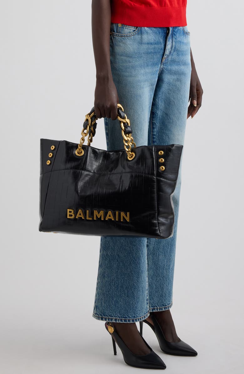 Balmain Small 1945 Monogram Embossed Soft Leather Tote, Alternate, color, 0Pa Black