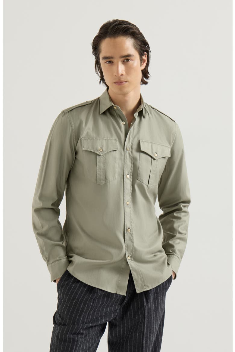 Garment-dyed shirt in cotton chevron with spread collar, epaulettes and chest pockets, Main, color, Military