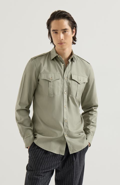 Garment-dyed shirt in cotton chevron with spread collar, epaulettes and chest pockets